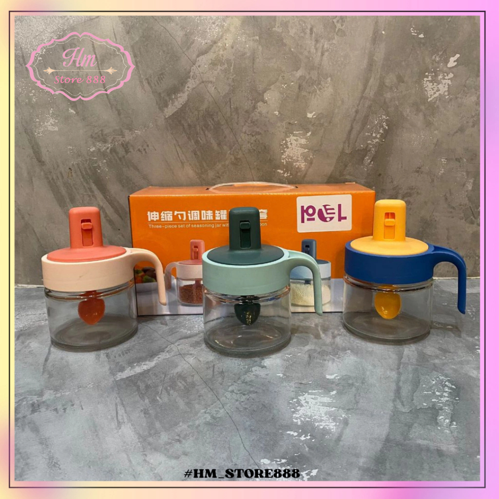 HM - Tempat Bumbu Dapur Set Isi 3 Pcs Pakai Kotak Bahan Kaca Tebal Premium  Wadah Garam Bumbu