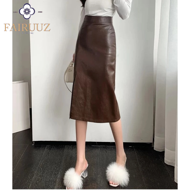 Rok Kulit Panjang Midi Rok Midi Wanita Pensil High Waist A-line Rok Kulit Sintetis Wanita Chic Short