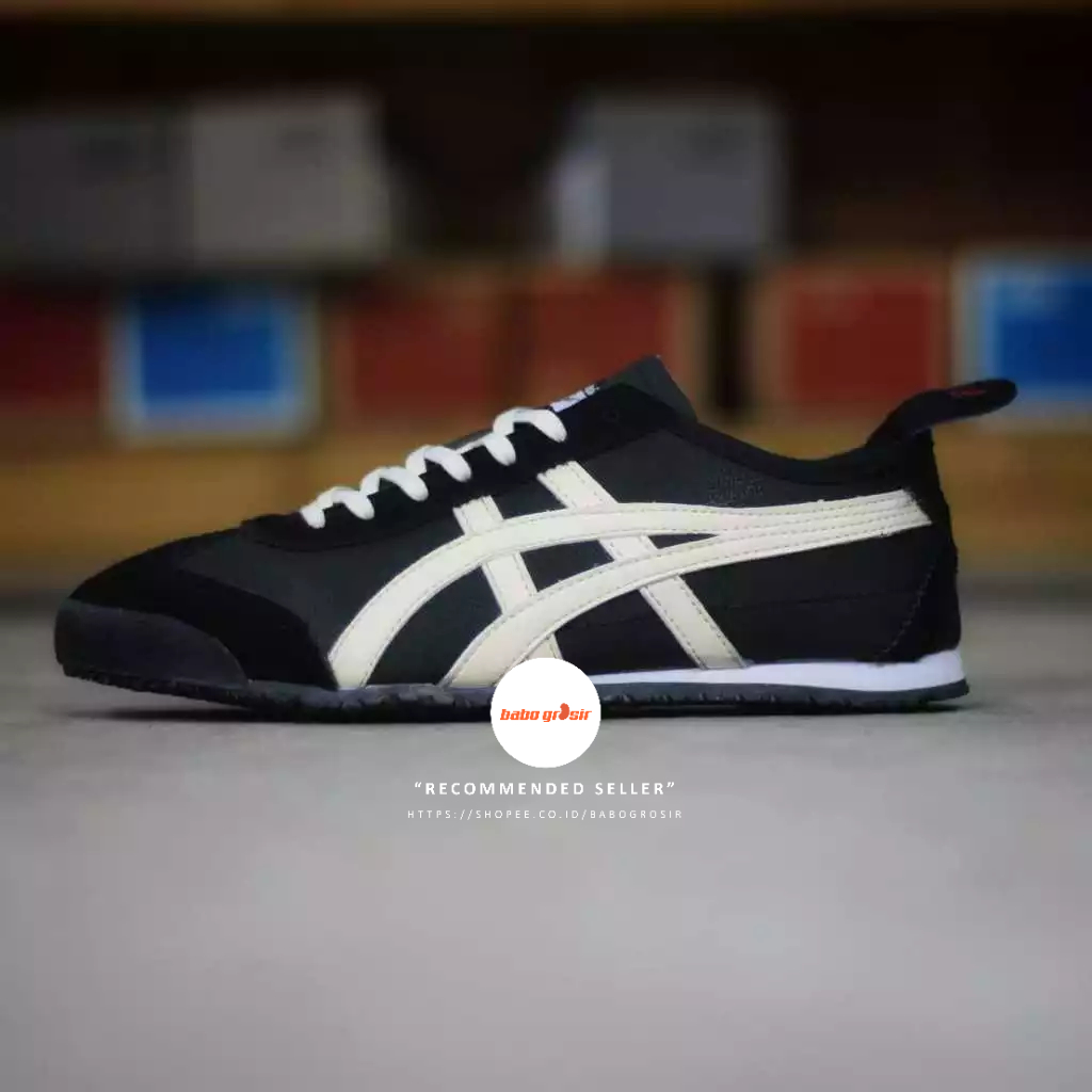 PROMO Sepatu Sneakers Pria dan Wanita Onitsuka Tiger Black Cream Include Box, Bahan PU Leather dikom