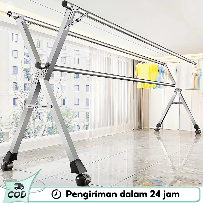 Jemuran Baju Lipat dengan Roda Jemuran Baju Stainless Steel Portable Jemuran Pakaian Anti Karat Kuat
