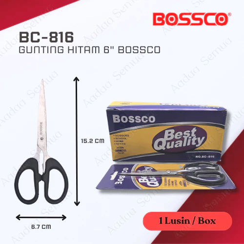 

Gunting Kertas/Pemotong Kertas Tanggung Hitam Stainless BOSSCO (1 Box isi 12 PCS)