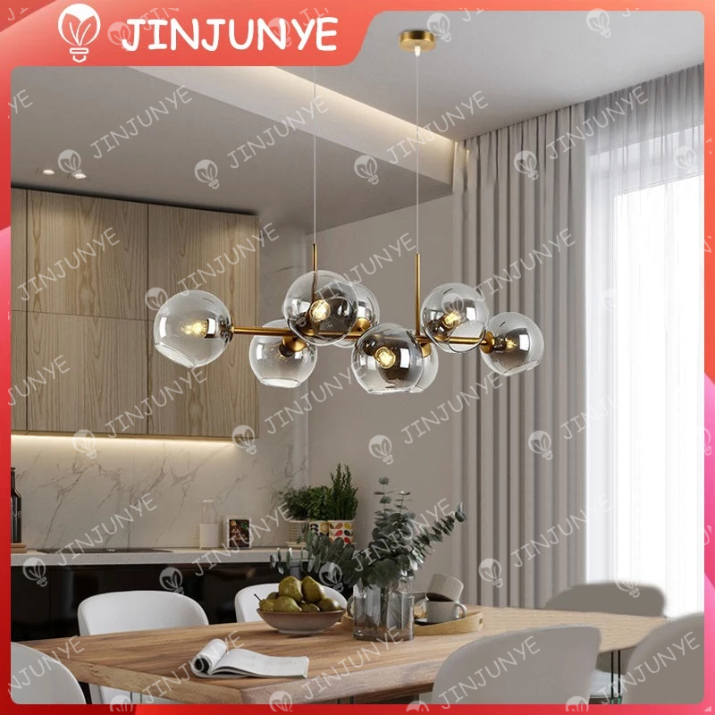 Lampu Gantung Minimalis Modern Lampu Gantung Ruang Makan Mini Bar  LED Emas 8 Bola Kaca Abu-abu Lamp