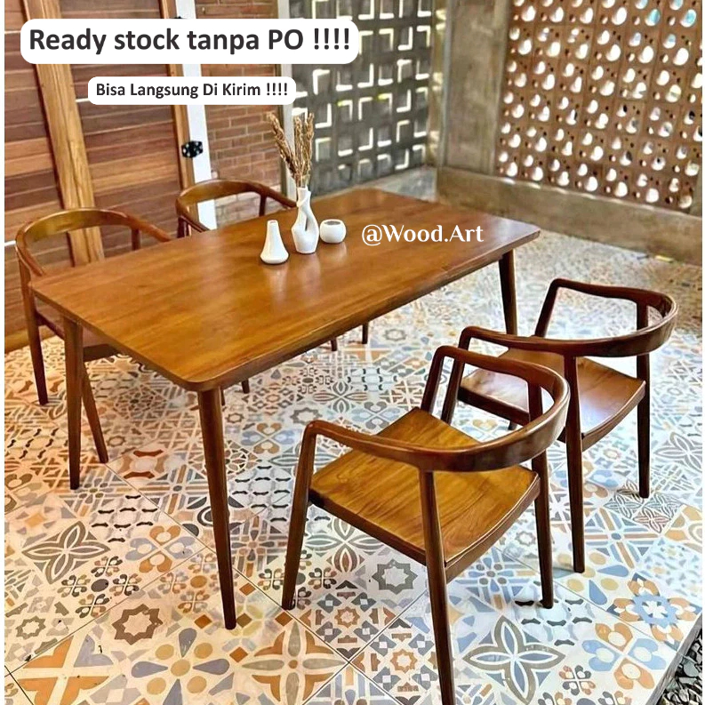 Selly Set Meja Makan restoran cafe kursi rotan kayu jati kokoh Ready Wood Art Furniture