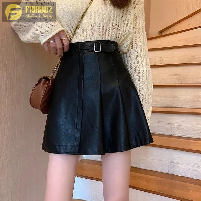 Rok Mini Kulit Leather Skirt High Waist Skirt Mini Sexy Short Skirts Sash Skirt Elegant Leather Skir