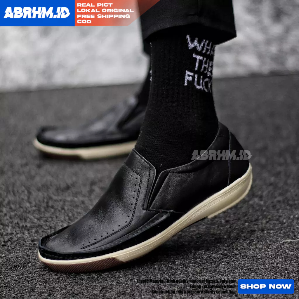 ABRHM Sepatu Casual Slip On Kulit Hitam Pria