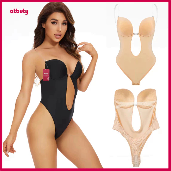 【atbuty】One-Piece Deep V-Neck Shapewear Bodysuit Women's Seamless Thong Lower Body Bra U Low Back No
