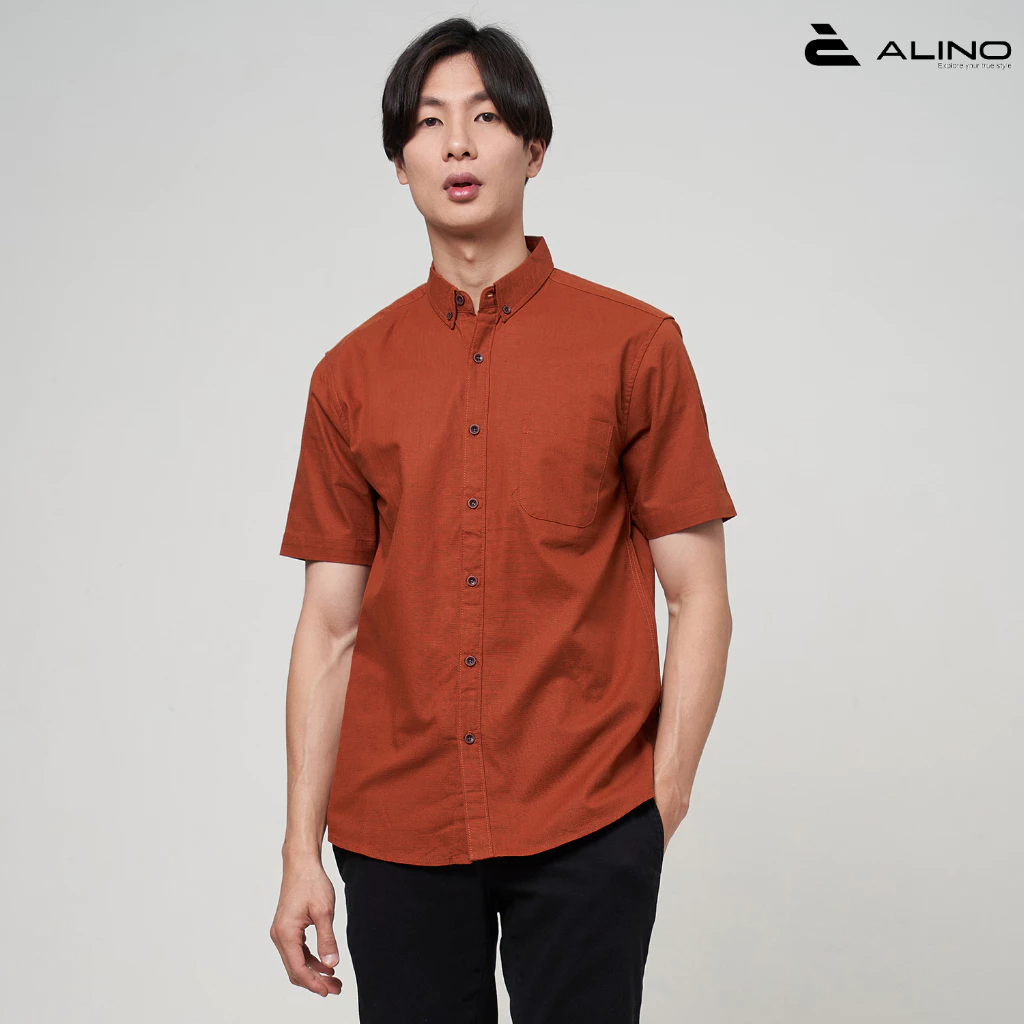 Anoali Kemeja Pria Basic Lengan Pendek Terakota