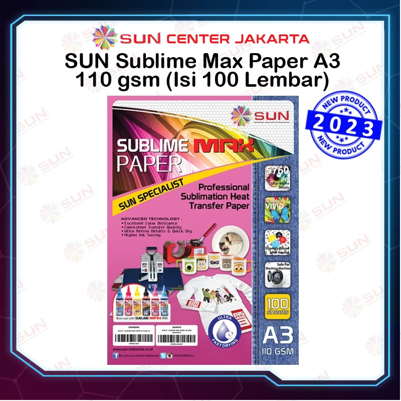 

Kertas Sablon Sublim Transfer Paper A3 - SUN SUBLIME MAX Paper 110 Gsm A3 isi 100 Lembar