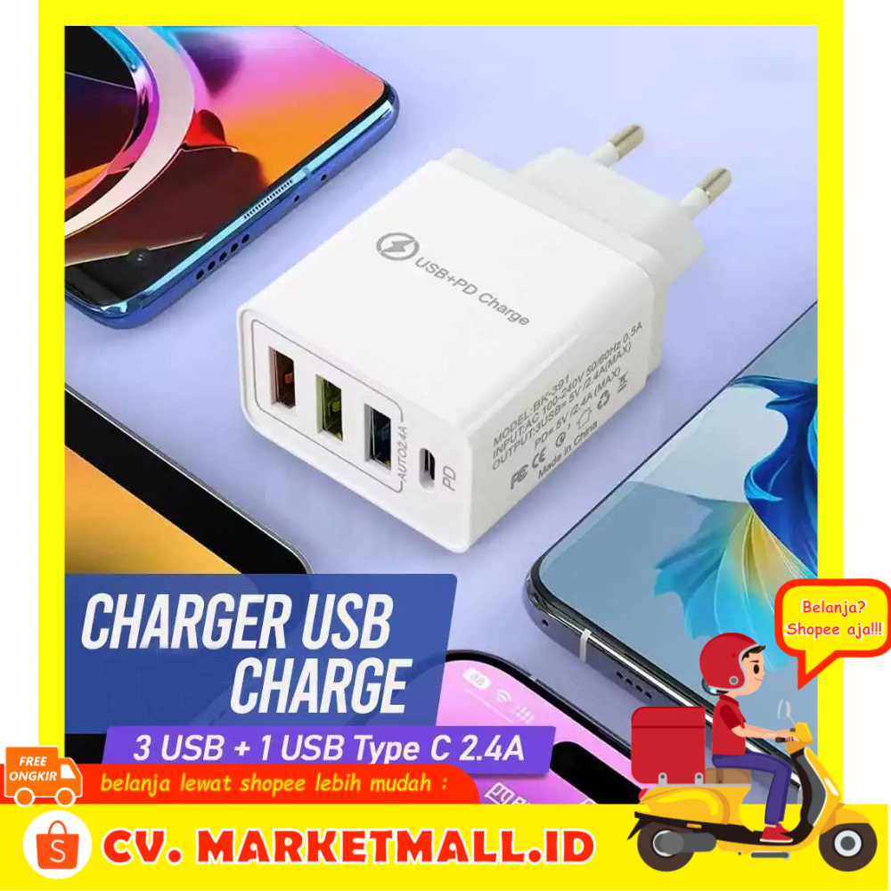 Market Mall - Adaptor Charger Multifungsi 4 Port QC3.0 3 USB + 1 USB Type C 2.4A - Comfast BK-391