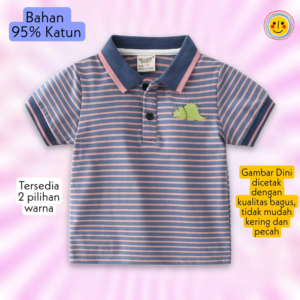 Kaos Polo Anak Cowo Laki laki Usia 7-10 Thn Motif Bergaris Logo Dinosaurus Warna Kuning-Ungu