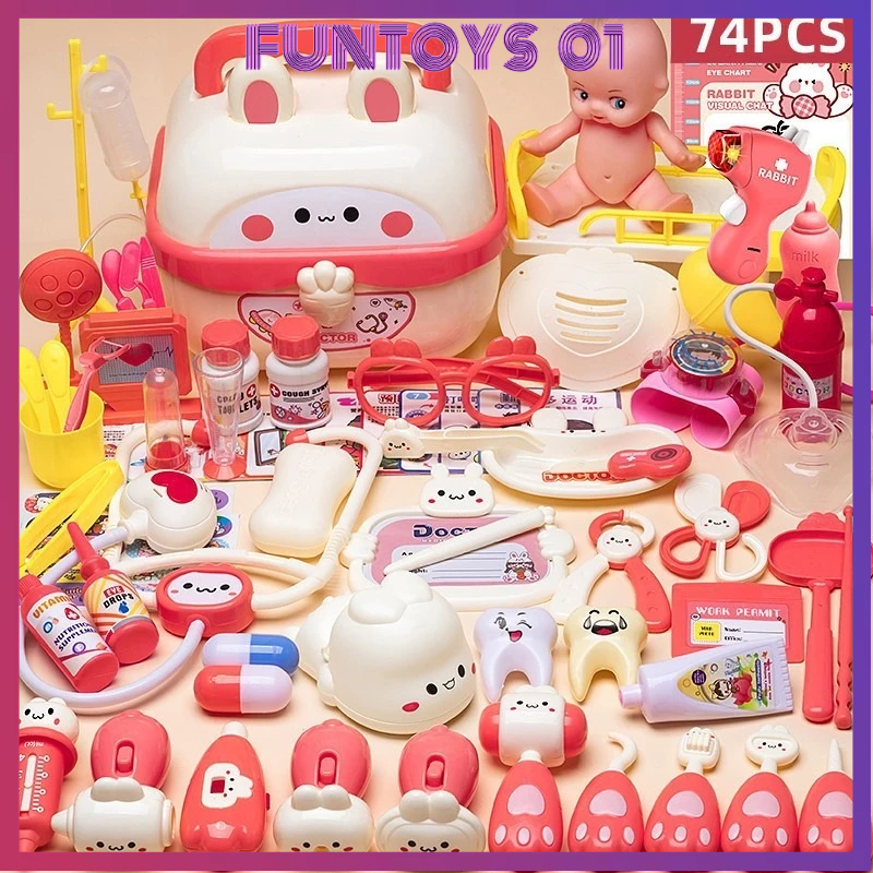 <Cod> 74Pcs Anakanak Pendidikan Simulasi Dokter Mainan Set/Anak Perempuan Stetoskop Mainan/Dokter Bermain Peran/Kelinci Dokter Mainan Mainan Kotak Obat Medis Simulasi