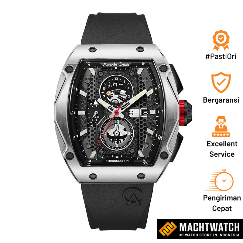 Jam Tangan Pria Alexandre Christie Chronograph AC 6608 MC RTBBA Men Black Dial Black Rubber Strap