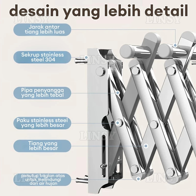 Jemuran Dinding Lipat Stainless 2 Meter Jemuran Baju Pakaian Dinding Jemuran Lipat Dinding