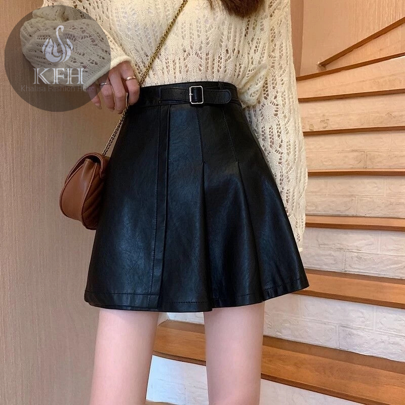 Rok Mini Kulit Leather Skirt High Waist Skirt Mini Sexy Short Skirts Sash Skirt Elegant Leather Skir
