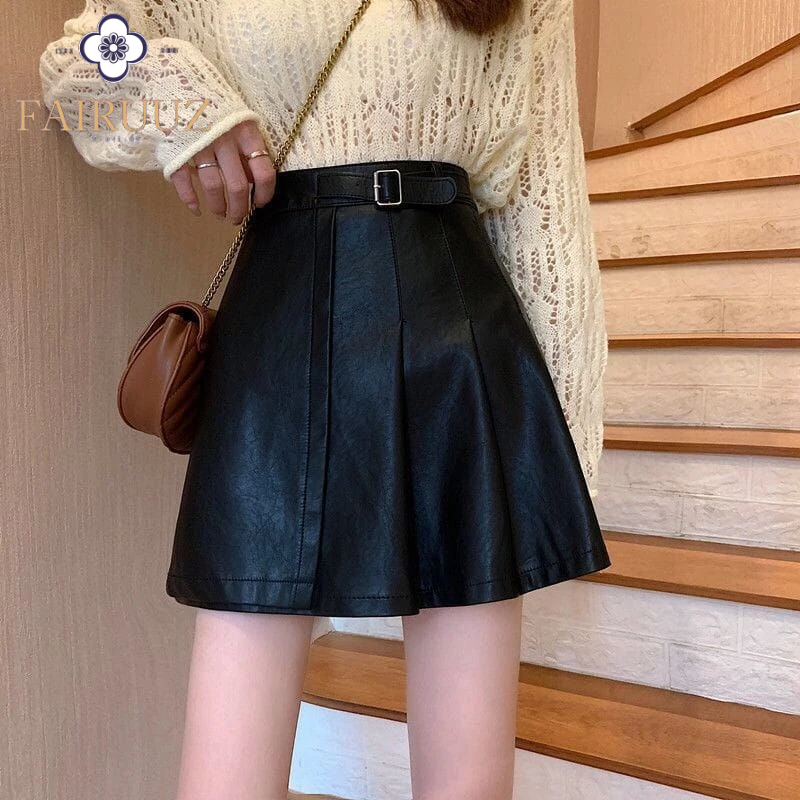 Rok Mini Kulit Leather Skirt High Waist Skirt Mini Sexy Short Skirts Sash Skirt Elegant Leather Skir