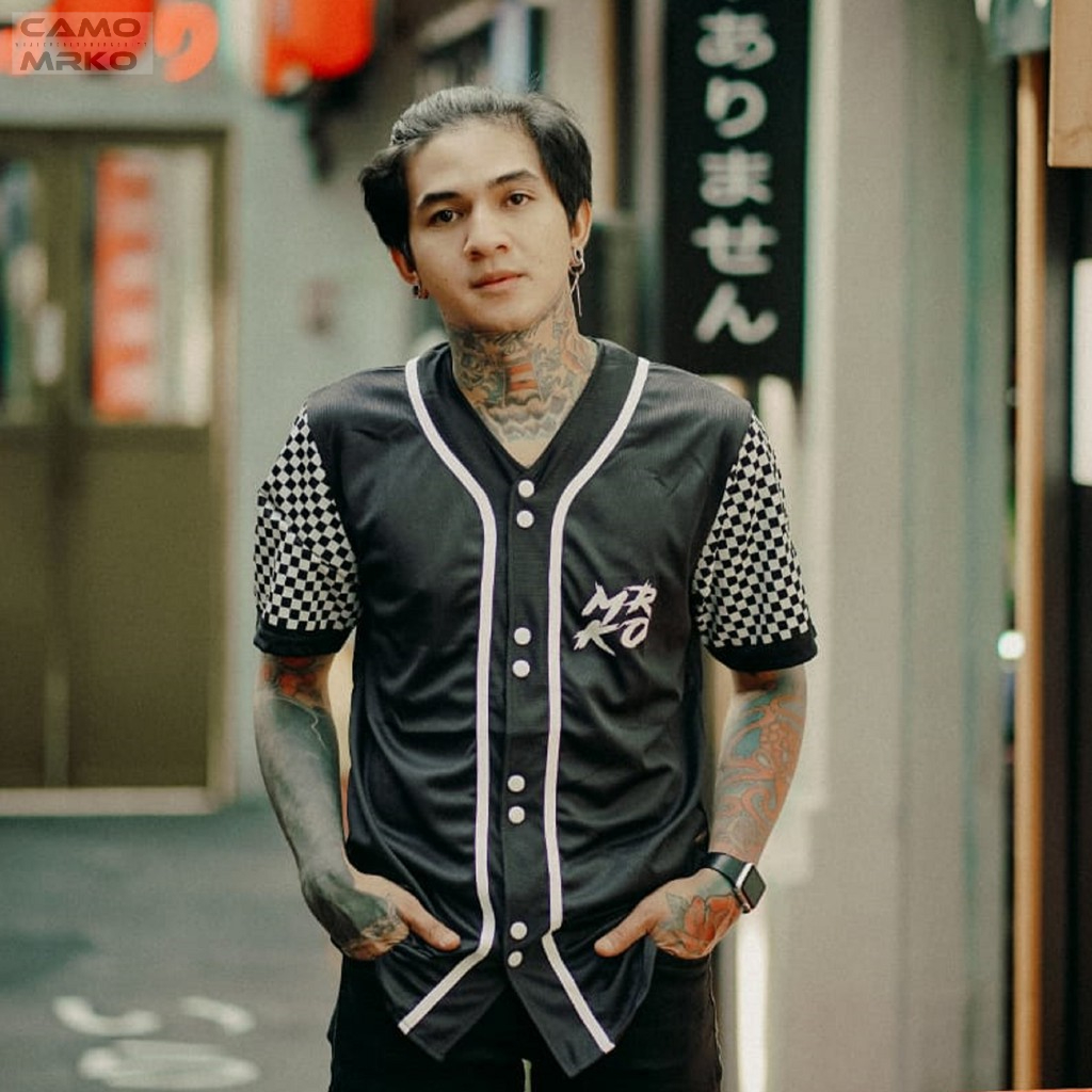 Kaos Baseball Jersey Billabong Distro Bandung CAMO MRKO Official Checkerboard Hitam MRKO087 Original