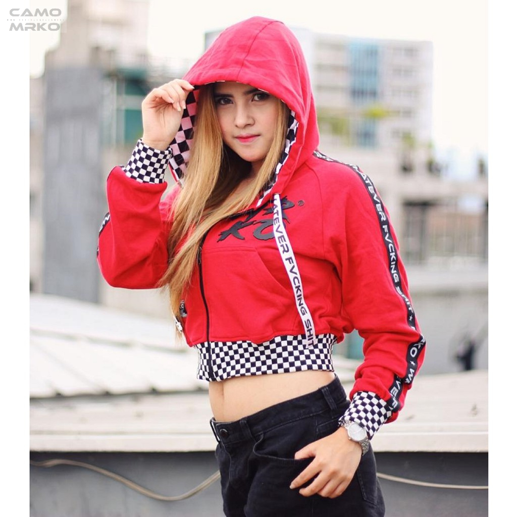 Jaket Sweater Hoodie Crop Zipper Leaf Premium Distro CAMO MRKO Official Checkerboard Merah MRKO105