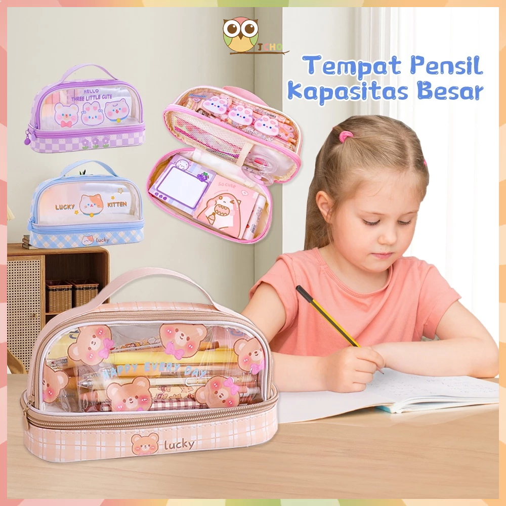 JCHO Tempat Pensil Transparan Kotak Pensil Anak Tas Pensil Zipper Motif Lucu Alat Tulis