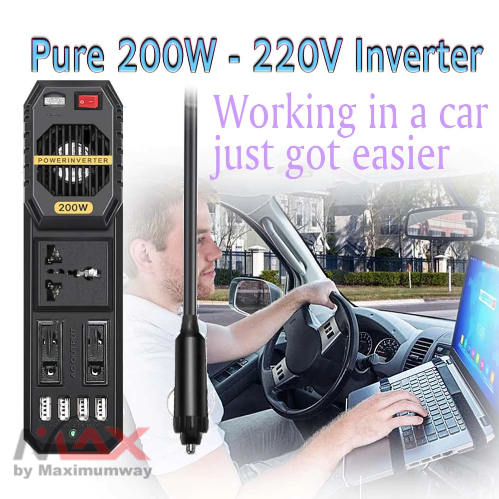 AUTO Inverter 200W murni untuk Mobil dengan plug Cigar 4 port USB Fast Charging bisa charge