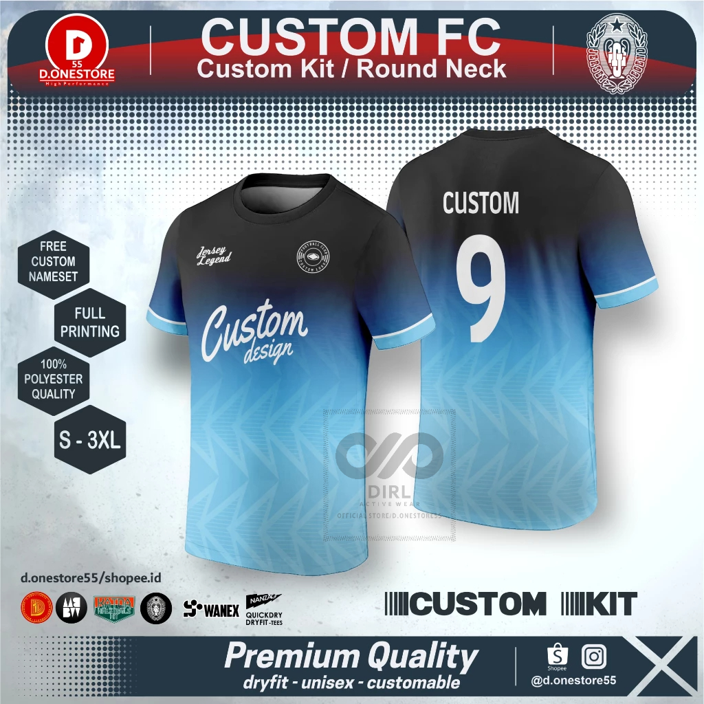 SETELAN JERSEY CUSTOM BOLA FUTSAL HITAM-BIRU DRY FULL PRINTING