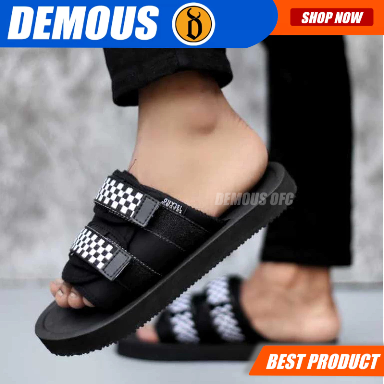 DEMOUS - Sandal Slide Hitam Pria Sandal Selop Distro CHEKKERBOARD