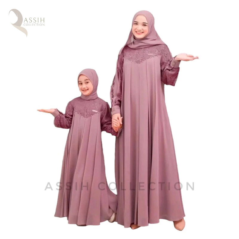 Inara Dress Wanita Ibu Dan Anak Set Khimar Bahan Ceruty Aksen Mutiara Ukuran S M L XL