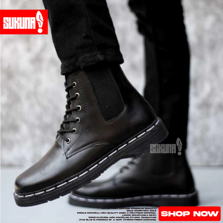 Sepatu Boots Formal Docmart Hitam Pria -DORI PUTIH