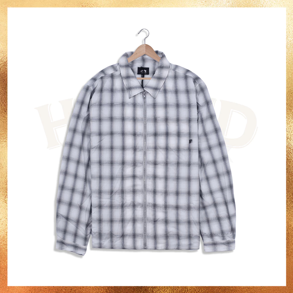 READY STOCK Kemeja Pria Stussy Shadow Plaid Zip Up LongSleeve Shirt 100% Original