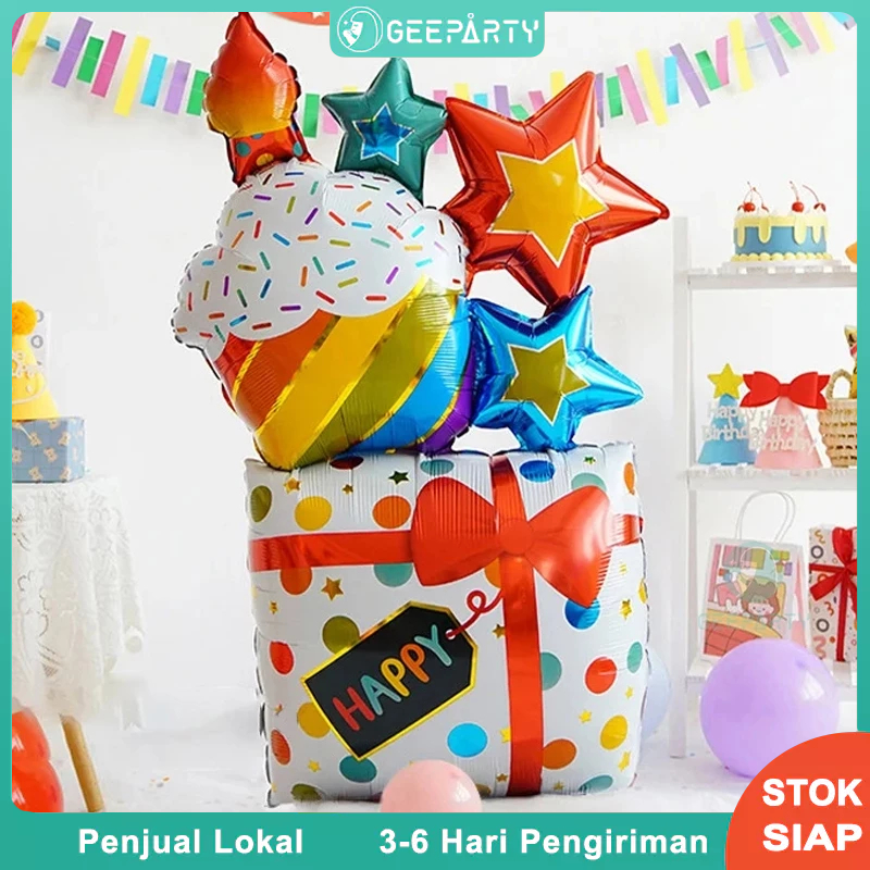 43 Inci Kue Kotak Hadiah Besar Balon Foil Ulang Tahun Selamat Untuk Dekorasi Pesta Ulang Tahun