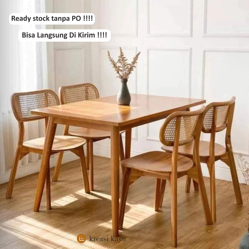 Oslo Dining table set meja makan retro minimalis kombinasi rotan estetik Kreasi Kayu Jepara