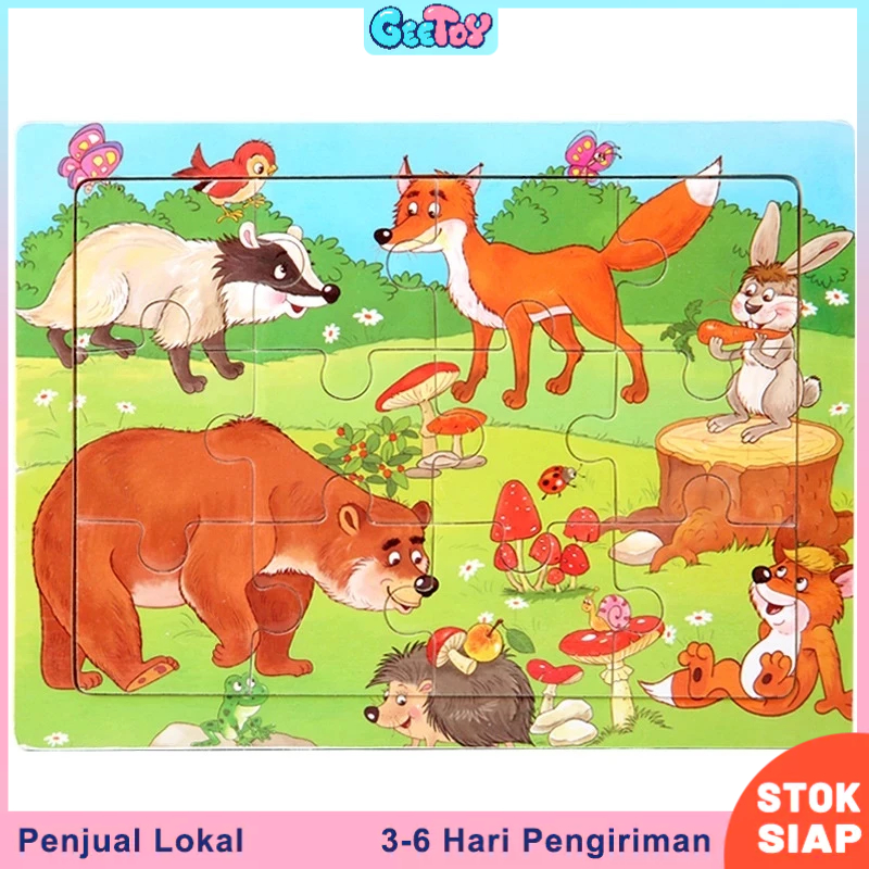 GeeToy 12 Buah Mainan Edukasi Puzzle Jigsaw Kognitif Puzzle Kayu Hewan Kartun 3D Untuk Anak