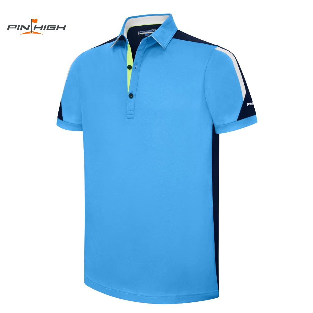 Men's Polo Shirt - PIN HIGH David (Azure Blue / Navy Seal / White / Green Flash). Regular Fit. (Size