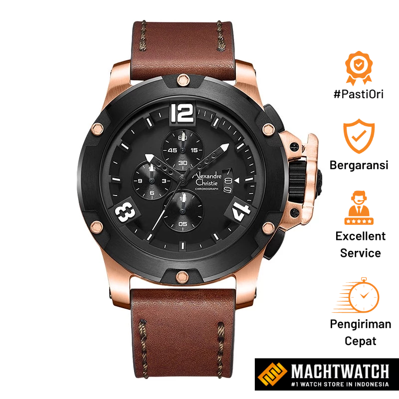 Jam Tangan Pria Alexandre Christie Chronograph AC 6295 MC LBRBA Sport Men Black Dial Brown Leather S