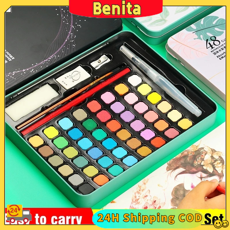 

【24H COD】48 Watercolor Set Cat Air Set (Bonus Kuas dan Kertas Gambar) / Cat Air Padat / Solid Watercolor Set / 36 48 Warna Cat Air