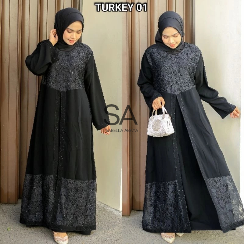 Gamis Abaya Hitam Kombinasi Brokat Tile Model Turkey Busui Friendly