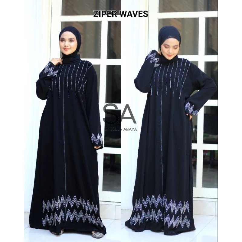 Abaya Gamis Hitam ziper zipper waves ori saudi jetblack turkey mewah