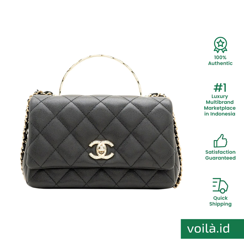 Chanel Flap Chain Crossbody Bag with Top Handle Caviar Leather Black Lghw