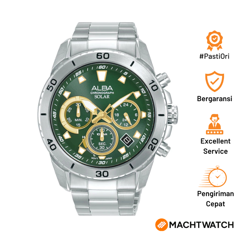 Jam Tangan Pria Alba Active AZ5011X1 Men Solar Chronograph Green Dial Stainless Steel Strap