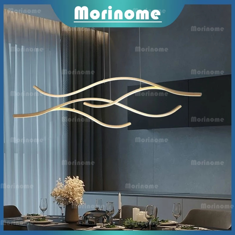 Lampu Gantung Ruang Makan Minimalis Lampu Hias Double Wave pendant light Emas 120cm LED 3 Warna Mode