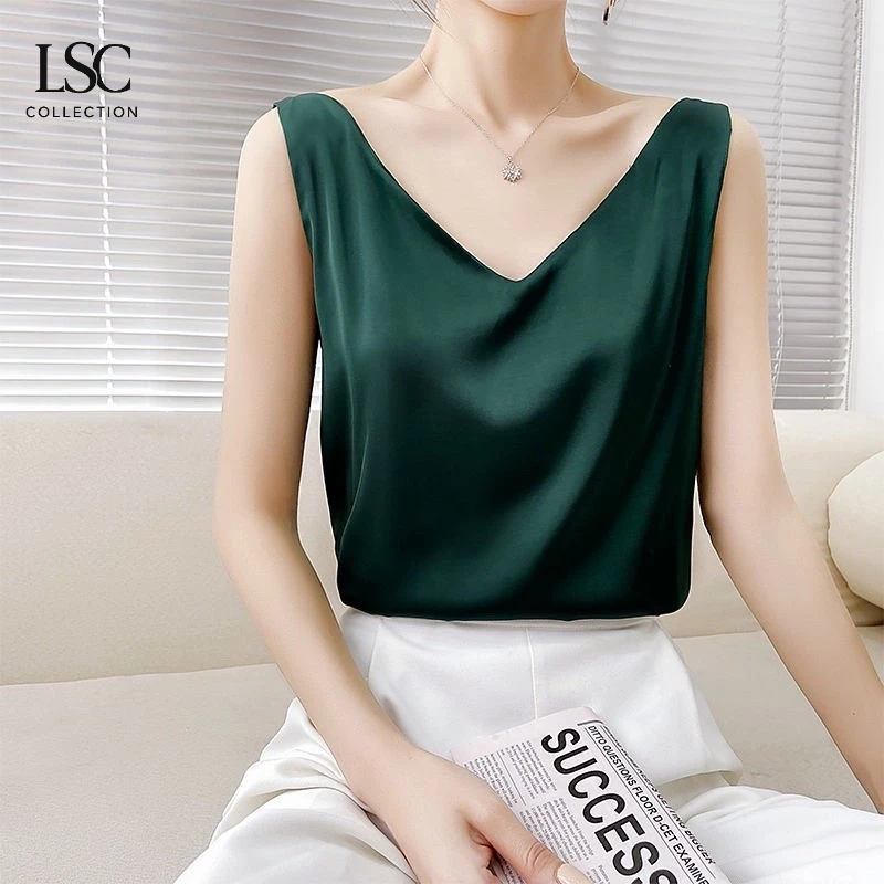 [LSC017] Tank Top Kain Satin (S - XXXXL) Pundak Lebar / Atasan Wanita Dalaman Polos V Neck / Camisol
