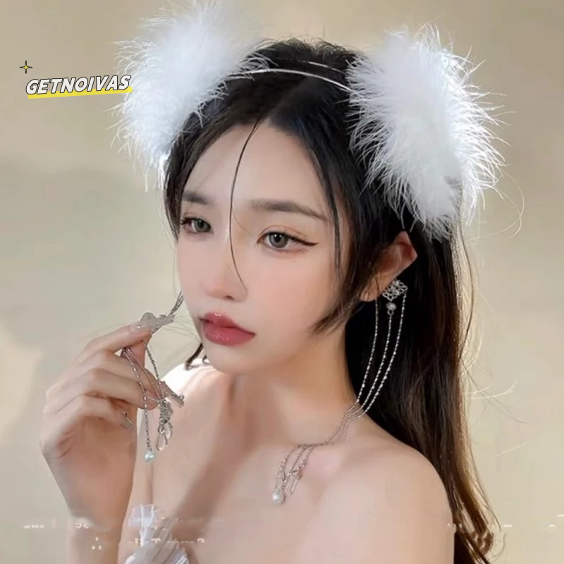 RIZKE_G2N - HEADPIECE BULU PUTIH RUMBAI ELEGAN HIASAN RAMBUT WANITA PESTA