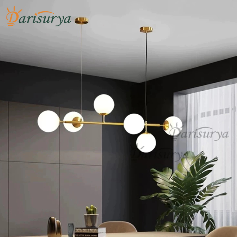 LAMPU GANTUNG MINIMALIS MODERN LAMPU GANTUNG RUANG MEJA MAKAN MINI BAR KITCHEN EMAS 6 BOLA KACA SUSU