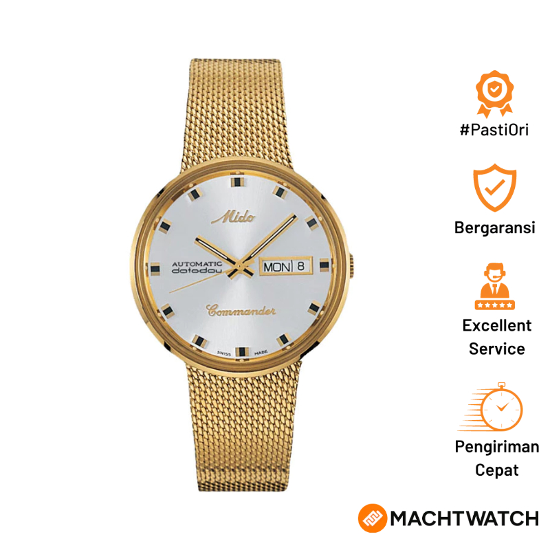 Jam Tangan Pria Mido Commander 1959 M8429.3.21.13 Automatic Silver Vintage MIDO Logo Dial Gold Stain