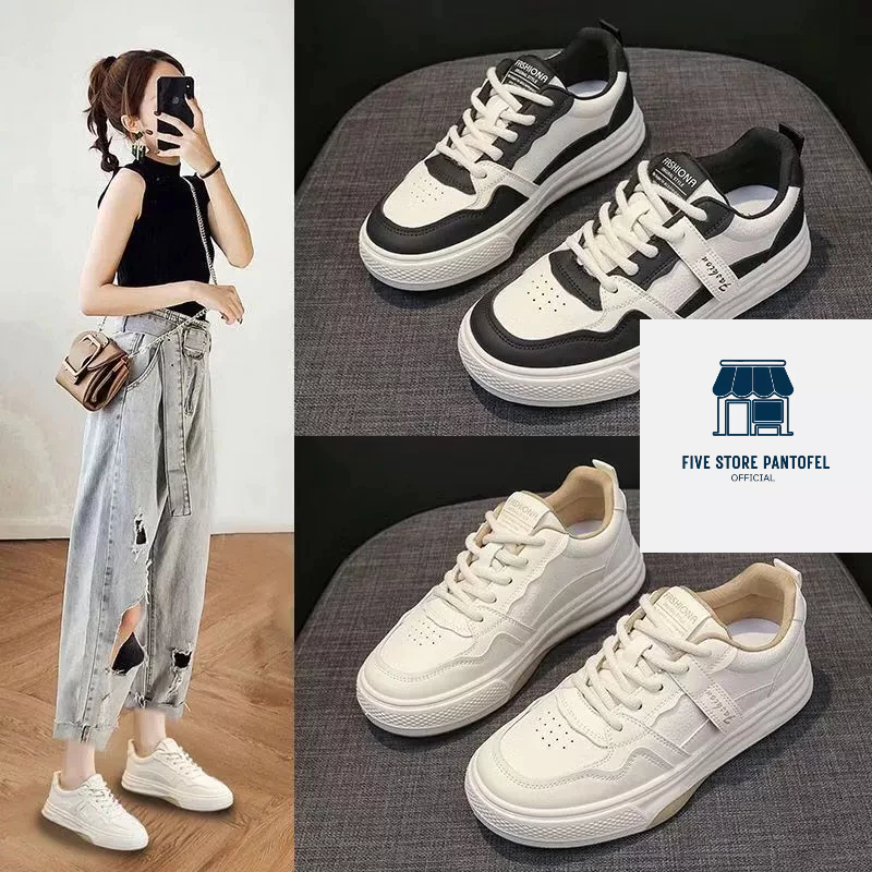 FiveStorePantofel Sepatu Sneakers Wanita Kekinian Anti Slip Trendy warna Hitam dan Putih / Kode 1551