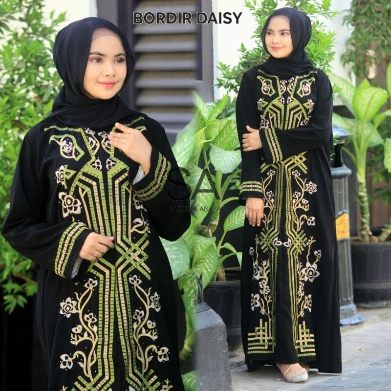 Gamis Hitam - Bordir Daisy Jetblack Saudi Muslimah Dress Gaun Daily Ramadhan Lebaran