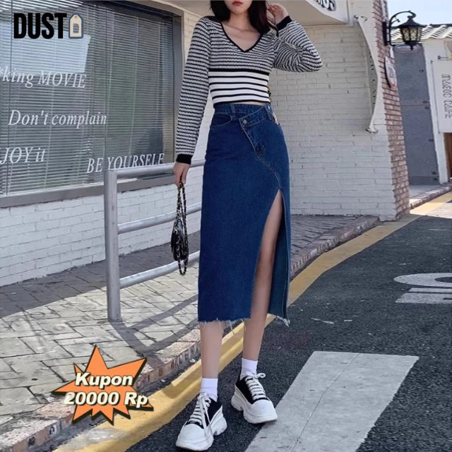 [Pengiriman Gratis] Dust Jeans Slit Denim Skirt/Maxi Skirt/Rok Jeans/Rok jeans wanita/Rok Jeans Kore