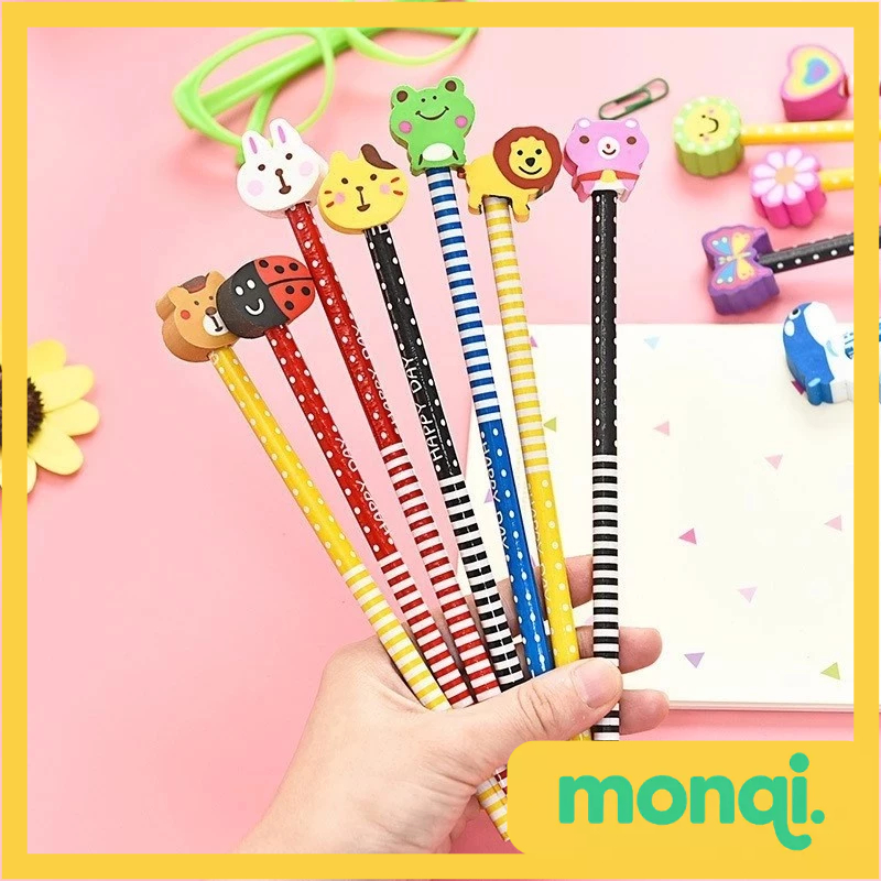 

MONQI Pensil Karakter Kartun Lucu Motif Garis Polkadot Pensil Karakter + Penghapus Pensil Lucu Ada Penghapus 3D Pensil Fancy Unik Pensil