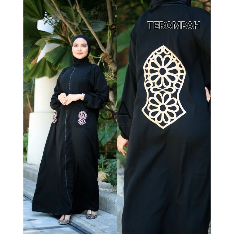 Gamis Hitam abaya saudi jetblack turkey ziper zipper zip terompah punggung saku busui