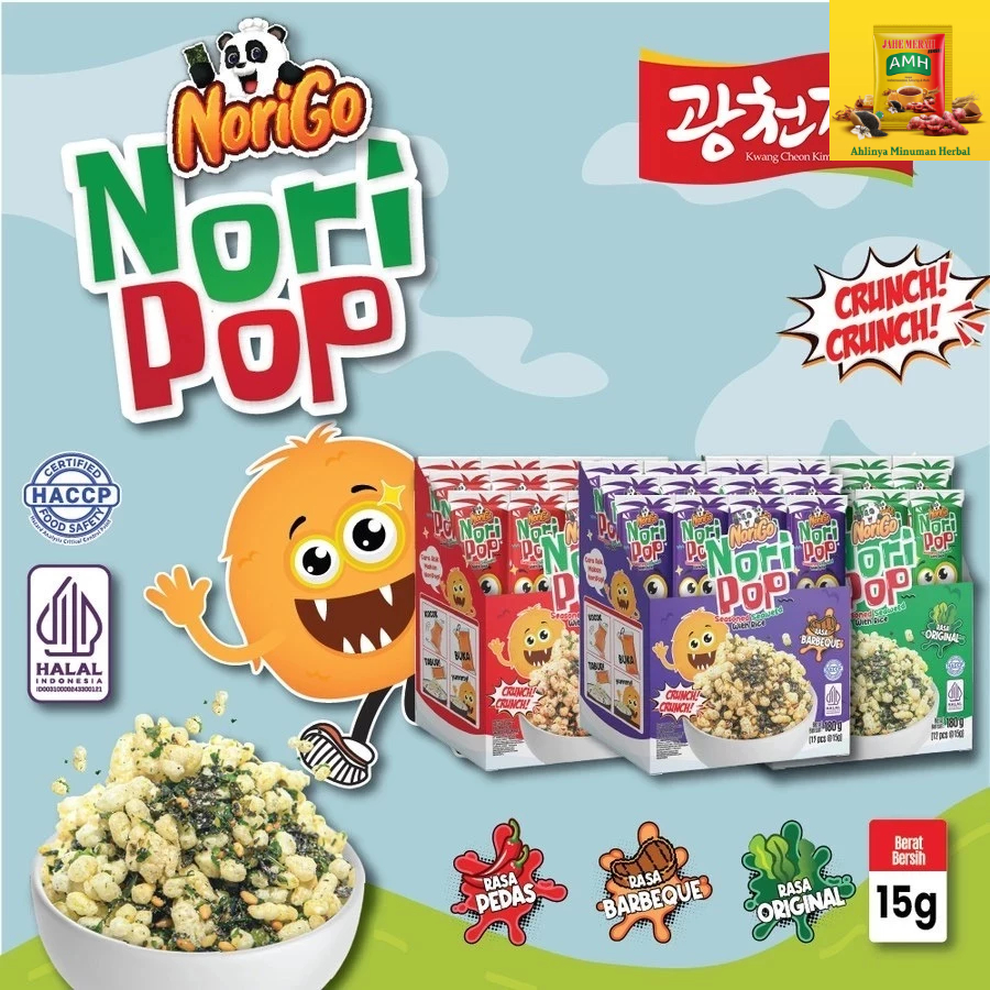 

Norigo Nori Pop Seasoned Seaweed With Rice (1 BOX ISI 12 PCS) / Snack Tabur Nori / Snack Rumput Laut 15g
