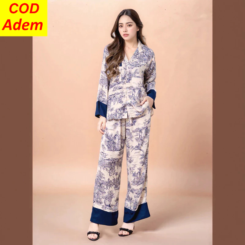 【Best Seller】Setelan Piyama Wanita Lengan Panjang Satin Baju Tidur Wanita Korea Style Loose & Elegan